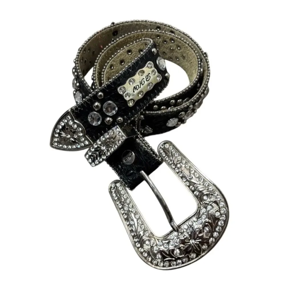 BHW Y2K Studded Cross Belt Black Leather Silver Ed Hardy Statement M
